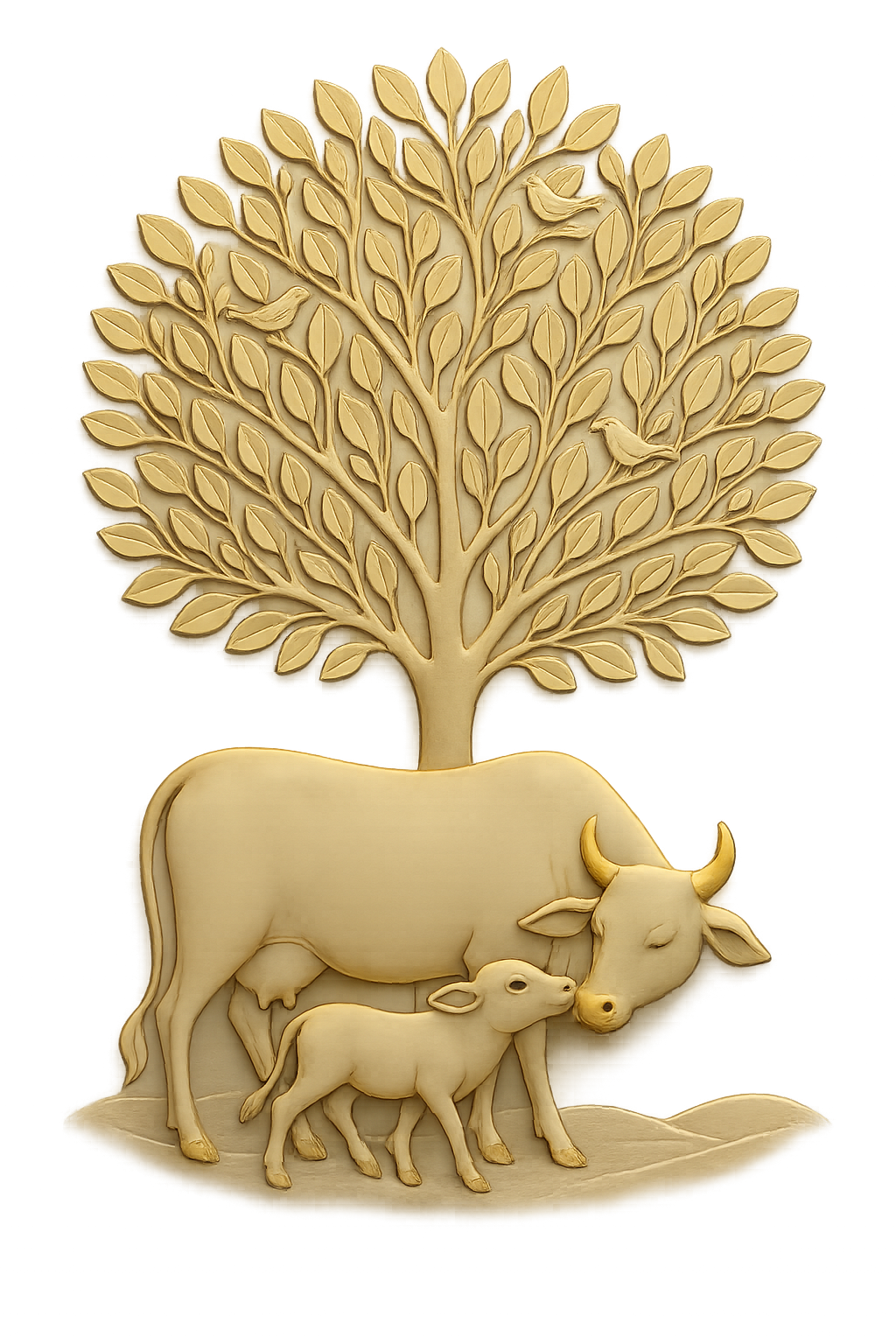 Gau Mata — Sacred Cow with Calf under Tree